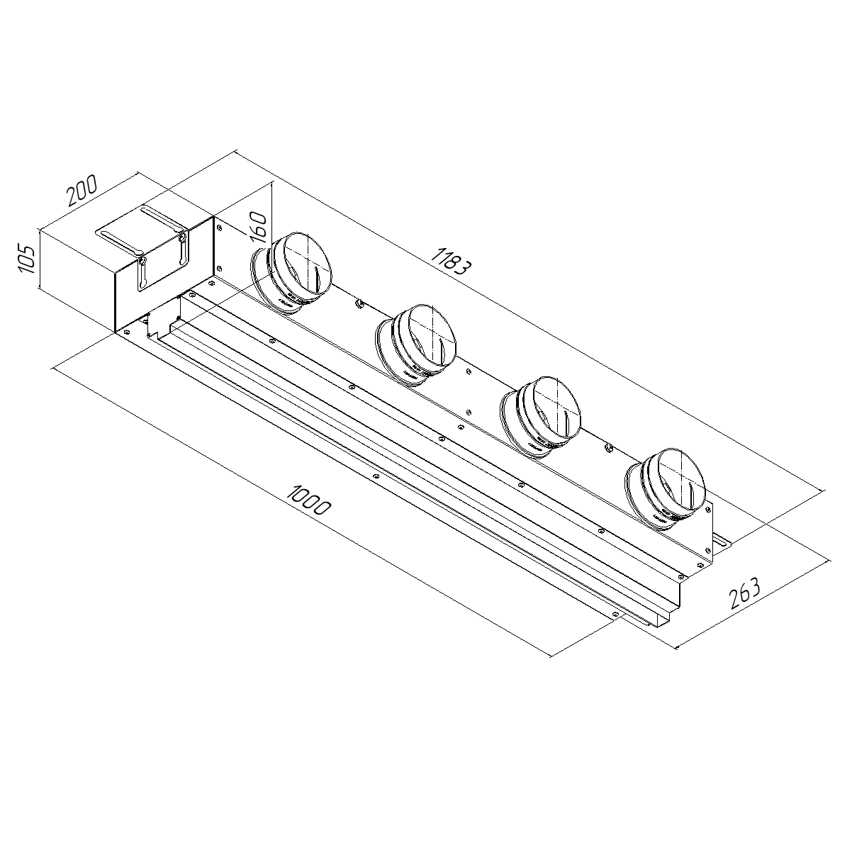 Provent VPNDG 1000х25/90×4 щелевой диффузор для гипсокартона с КСД на 4 выхода