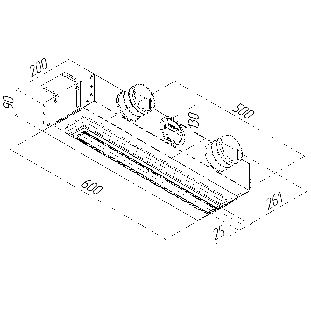 Provent VPND 500х25/75×3 щелевой диффузор для натяжного потолка с КСД на 3 выхода