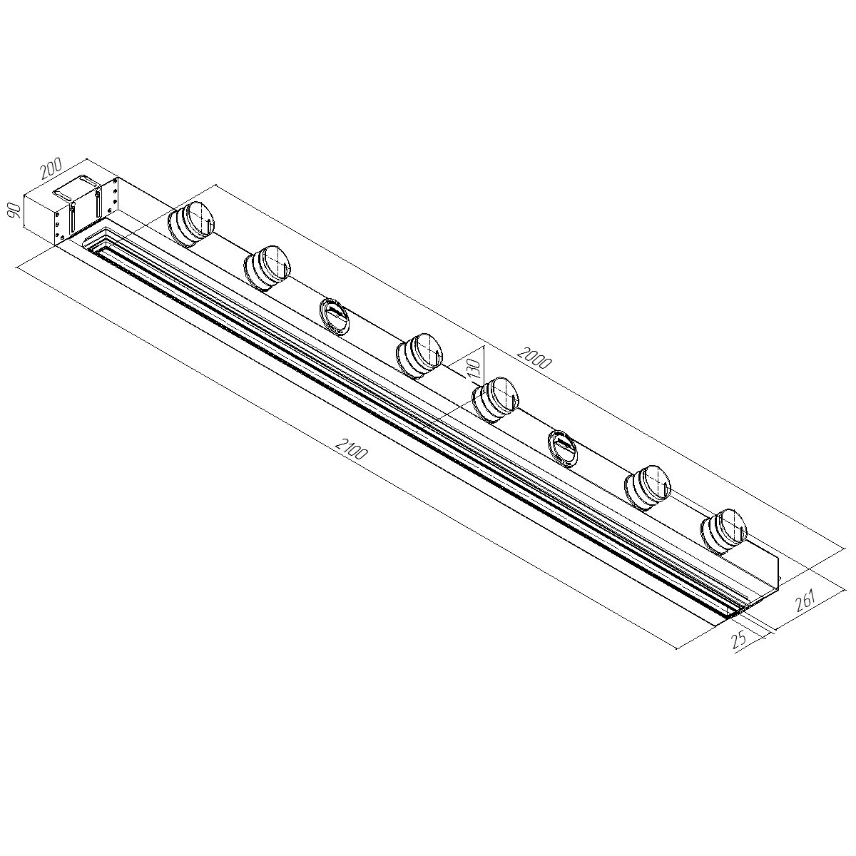 Provent VPND 2000х25/75х8 щелевой диффузор для натяжного потолка с КСД на 8 выходов