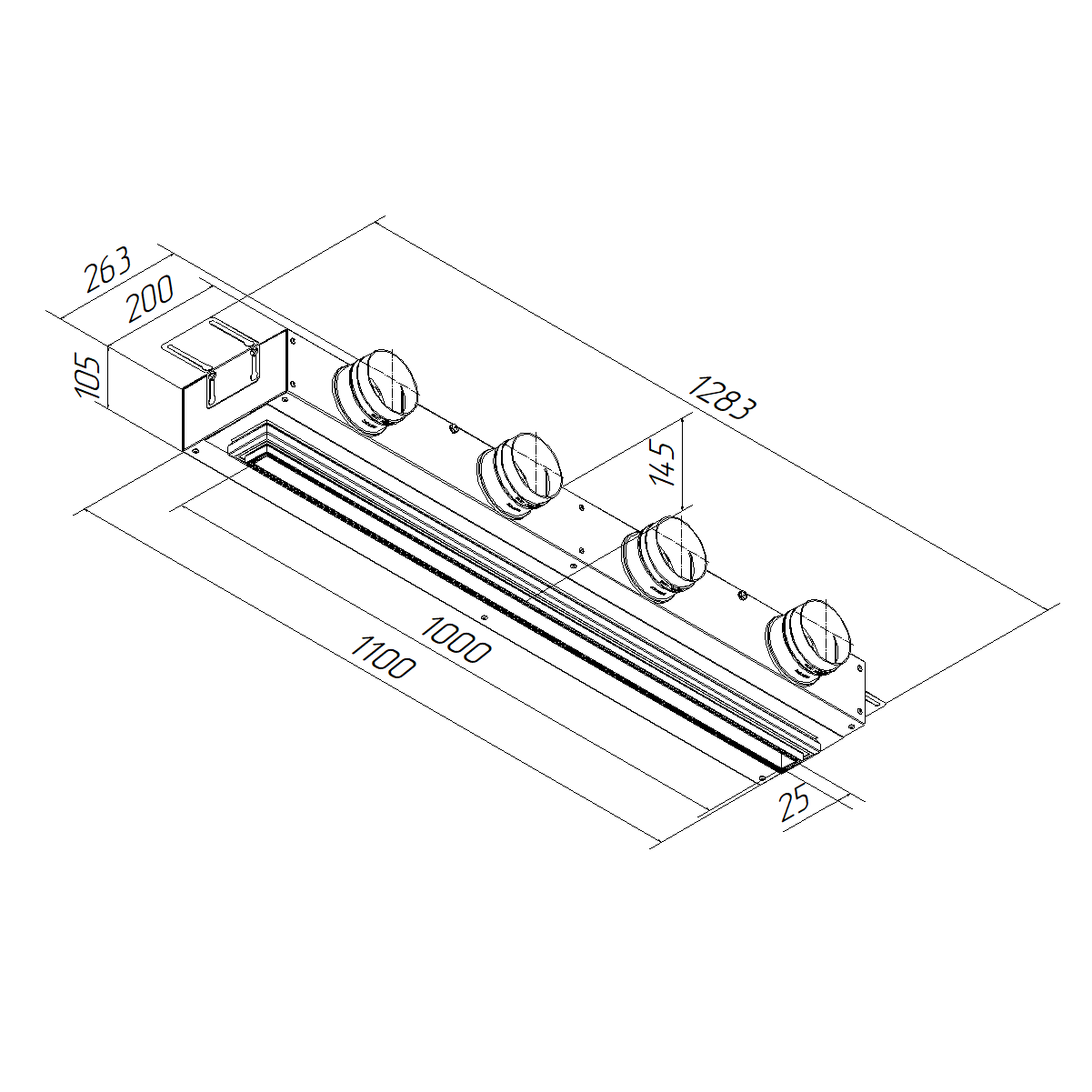 Provent VPND 1000х25/90×4 щелевой диффузор для натяжного потолка с КСД на 4 выхода