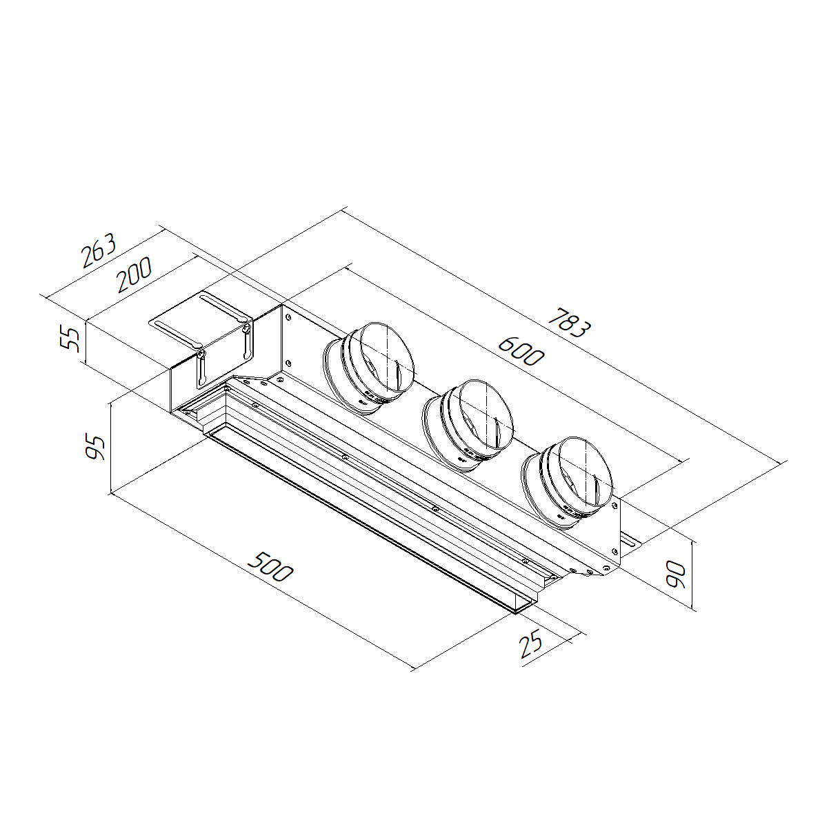 Provent VPNDU 500х25/75×3 компактный щелевой диффузор для натяжного потолка с КСД на 3 выхода