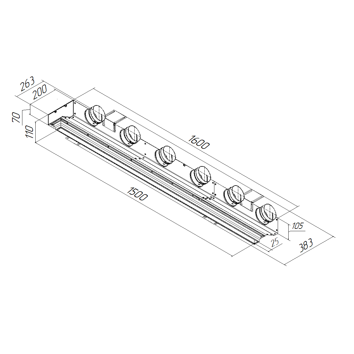 VPNDU 1500х25/90х6 компактный щелевой диффузор для натяжного потолка с КСД на 6 выходов