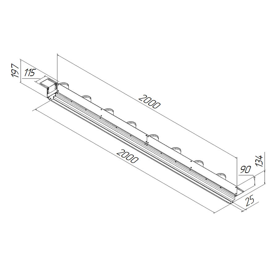 Provent VPNDG/F 2000х25/90×8 щелевой диффузор для гипсокартона с КСД на 8 прямых выходов