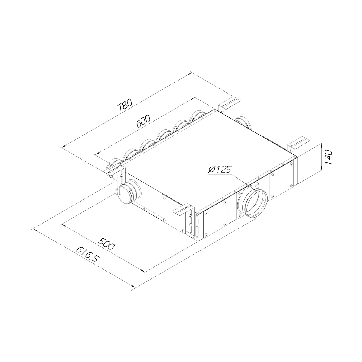 Габаритный чертёж Provent KVO 125/75×8: корпус 600 × 500 × 140 мм, длина с кронштейнами 780 мм, ширина с фланцами 616,5 мм