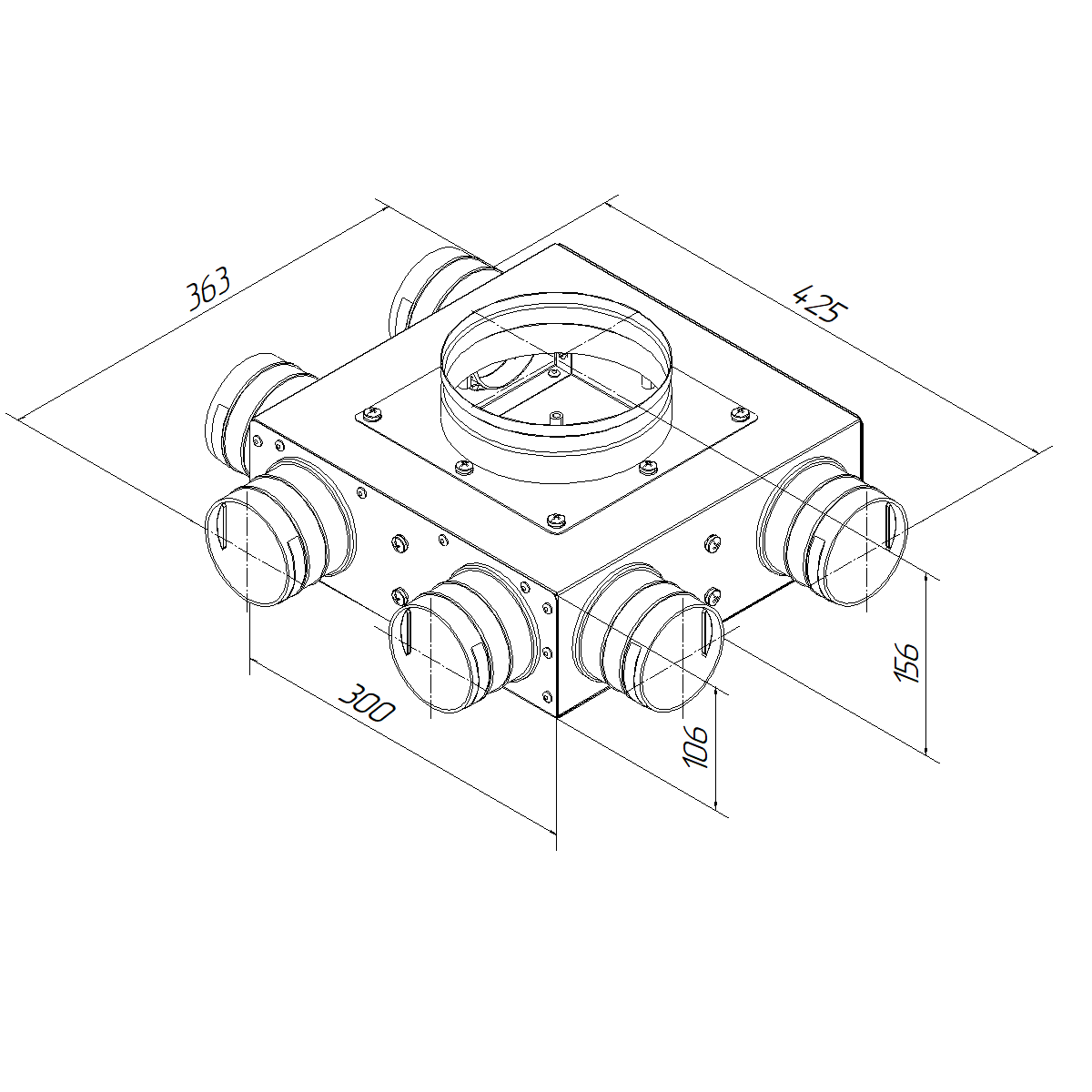 Изометрический чертеж коллектора вентиляционного концевого BASIC+ Provent KVF 160/75x6